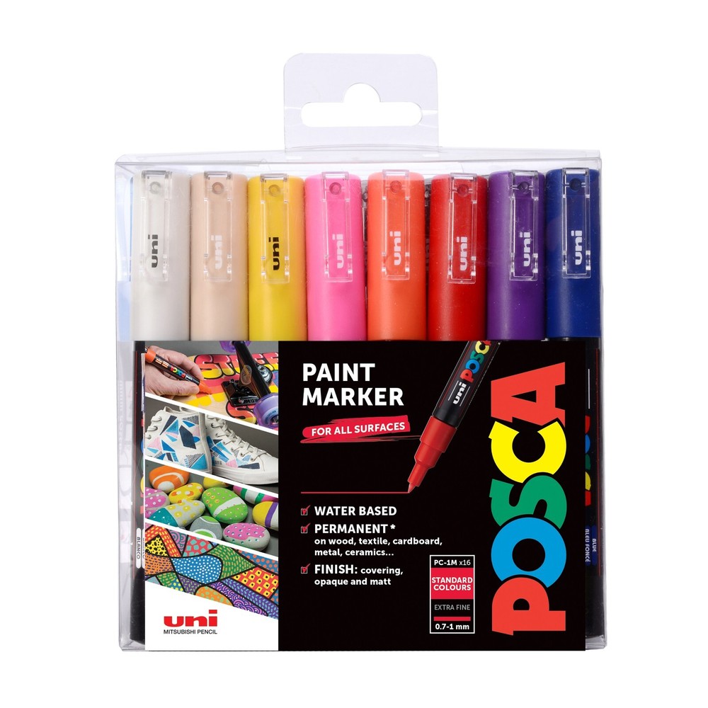 Uni Posca PC-1M 16 Colour Marker Bundle – Water Based Acrylic Paint Pens 0.7mm