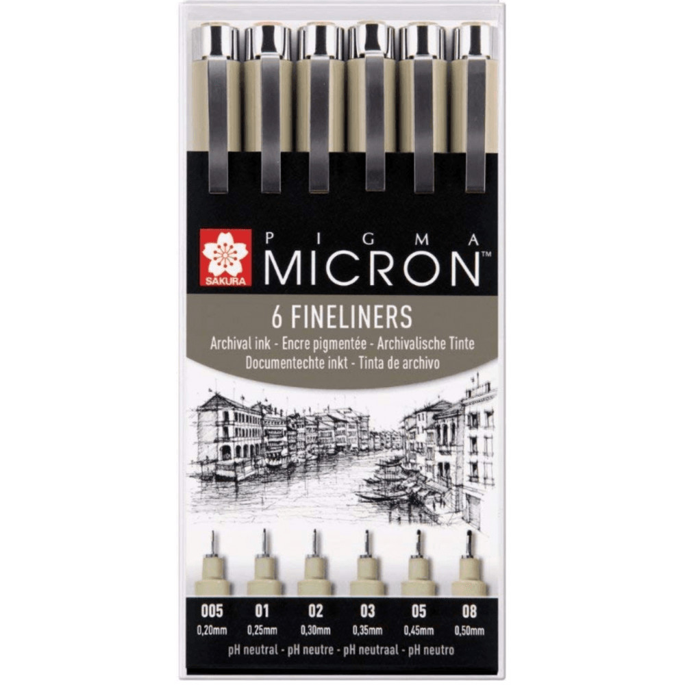 SAKURA – PIGMA MICRON – 6 X FINELINER ARCHIVAL DRAWING PENS – BLACK INK