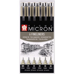 SAKURA – PIGMA MICRON – 6 X FINELINER ARCHIVAL DRAWING PENS – BLACK INK