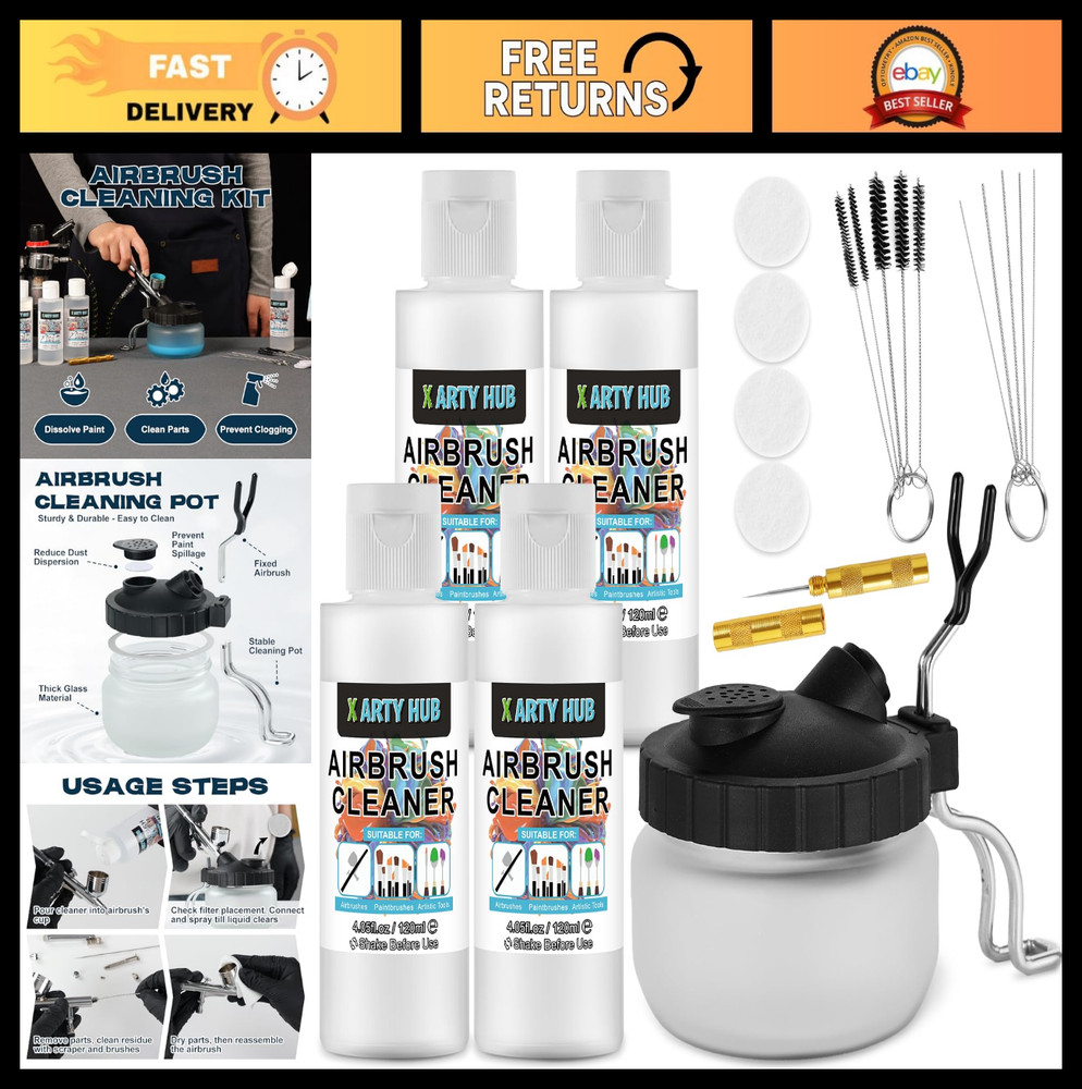 Airbrush Cleaning Kit – 4 x 4.05 fl oz Cleaner, Glass Pot, for Acrylic & Water-B