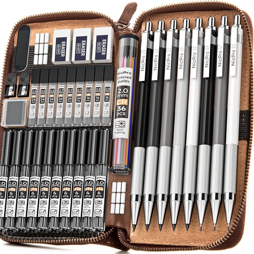 38PCS Art Mechanical Pencils Set in Leather Case, 3 PCS Metal Drafting Pencil 0.