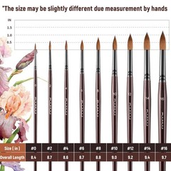 Sable Watercolor Brushes 9pcs #0,#2,#4,#6,#8,#10,#12,#14,#16, Brown-9pcs