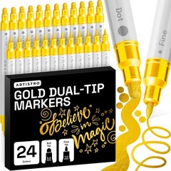 Artistro 24 Gold Dual-Tip Acrylic Pens Set Dot Tips For Fabric Rock Glass Wood