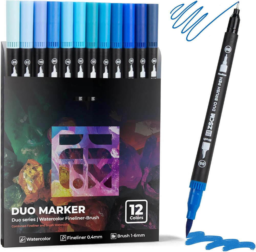 ZSCM Blue Duo Tip Marker Pens, 12 Pack Fine & Brush Markers for Adult Coloring B