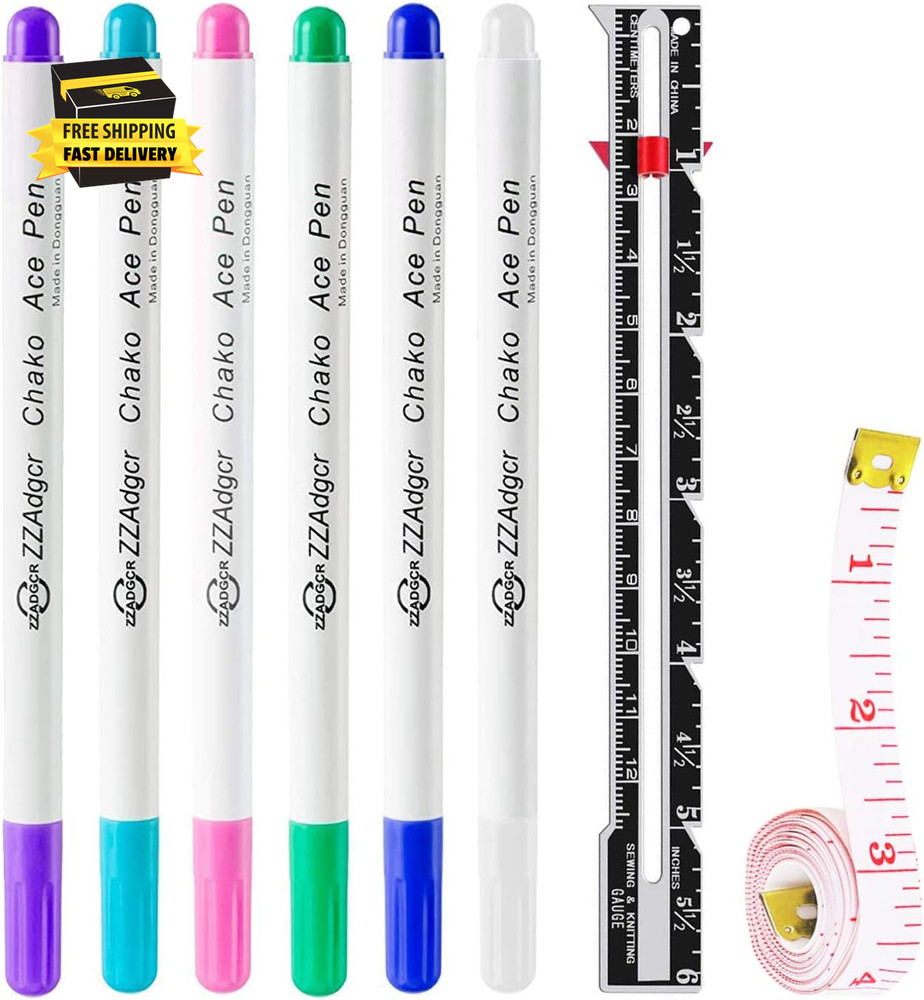 Fabric Markers Pens, 6 Color Water Soluble Erasable Marking Pens, 1 Pcs Gauge Se