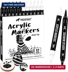 Pagather Black and White Acrylic Paint Markers, 12 Pack Dual Tip with Fine Tip a