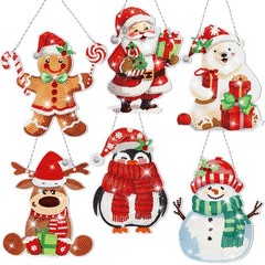 6 Pcs Christmas Diamond Painting Hanging Sign Set Santa Snowman Gingerbread M…