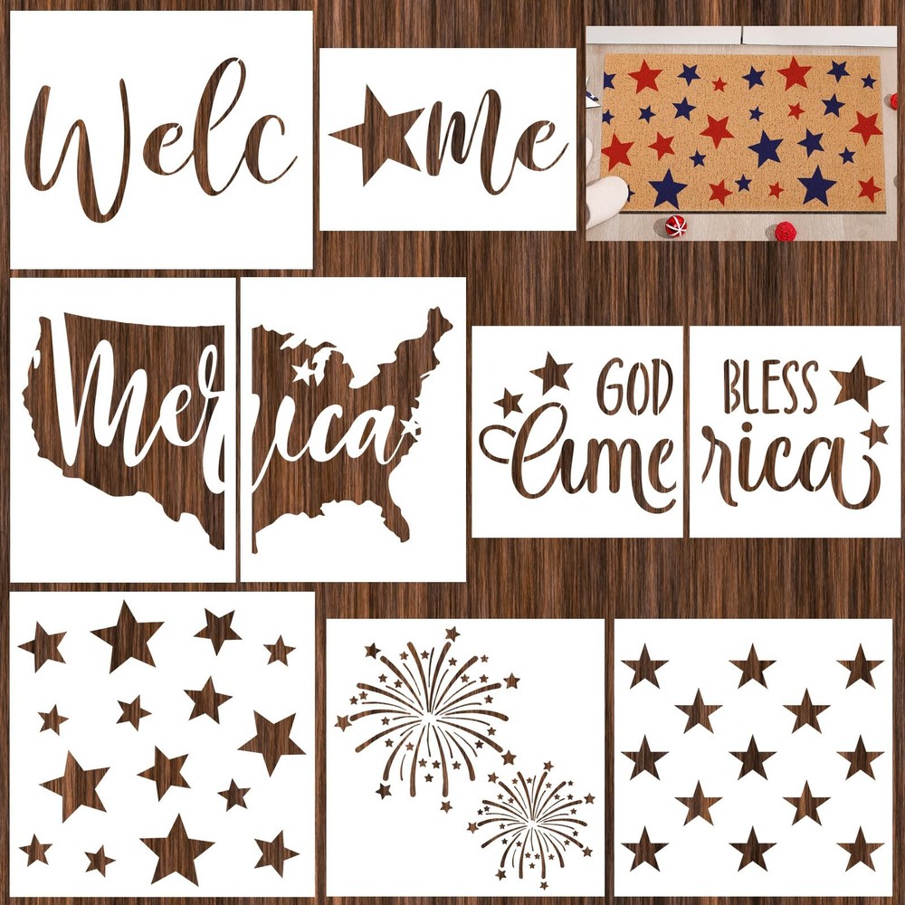 9 Pcs 4th of July Stencils for Door Mats Reusable Welcome Templates Large Stenci