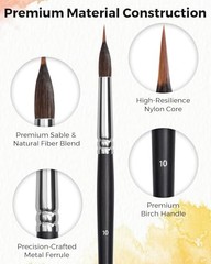 Watercolor Brushes Set of (4, 8, 10, 12,18) Extended Needle Point, Natural & 5