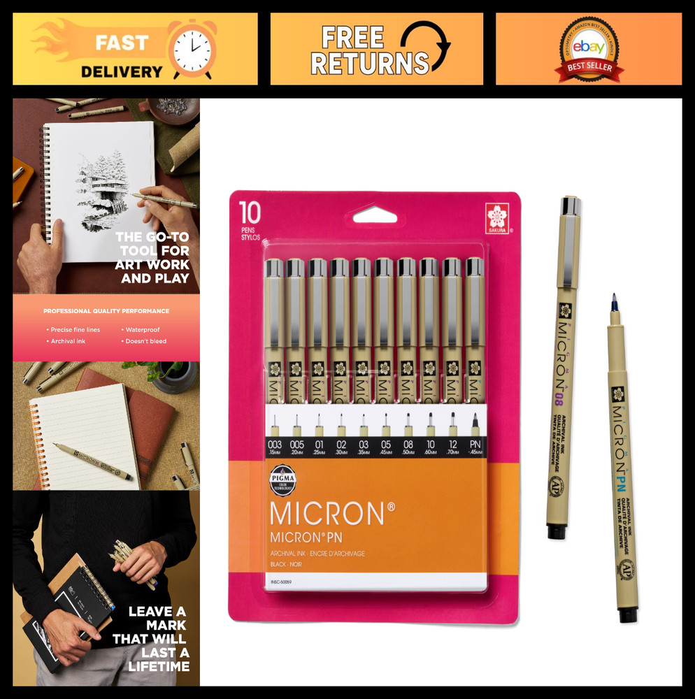 Multi-Tip Black Ink Pen Set, 10 Pack, Archival Quality, Fine Point Markers, Art