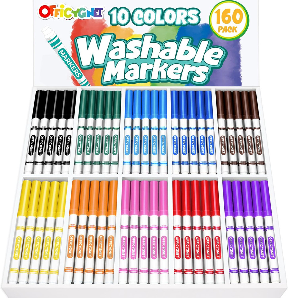160 Count Washable Markers Bulk, 10 Assorted Colors, Conical Tip with Fine & Bro