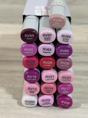 Copic Sketch markers in the RV (Red Violet) color family, Lot Of 19