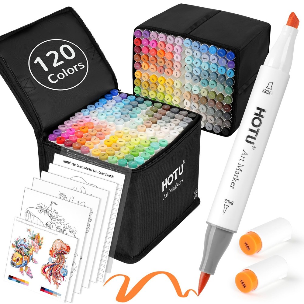 Alcohol Markers Set with 120 Colors – Dual Brush & Chisel Tips, Non-Bleeding Pad