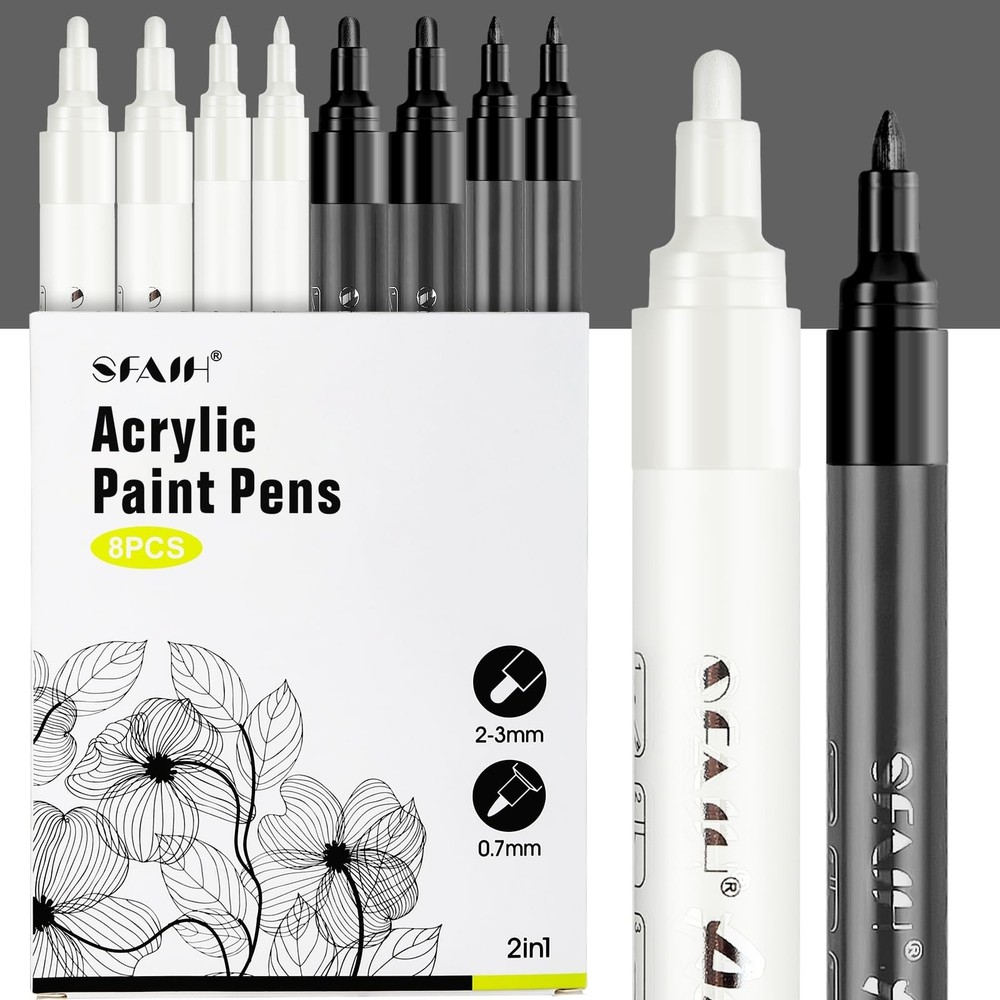 SFAIH Black & White Acrylic Paint Markers – 8 Pack 2-3MM Medium Tip & 0.7MM Extr