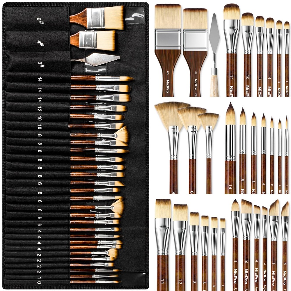 Nicpro 30pcs Paint Brush Set, Professional Paintbrushes Various Sizes, Wood