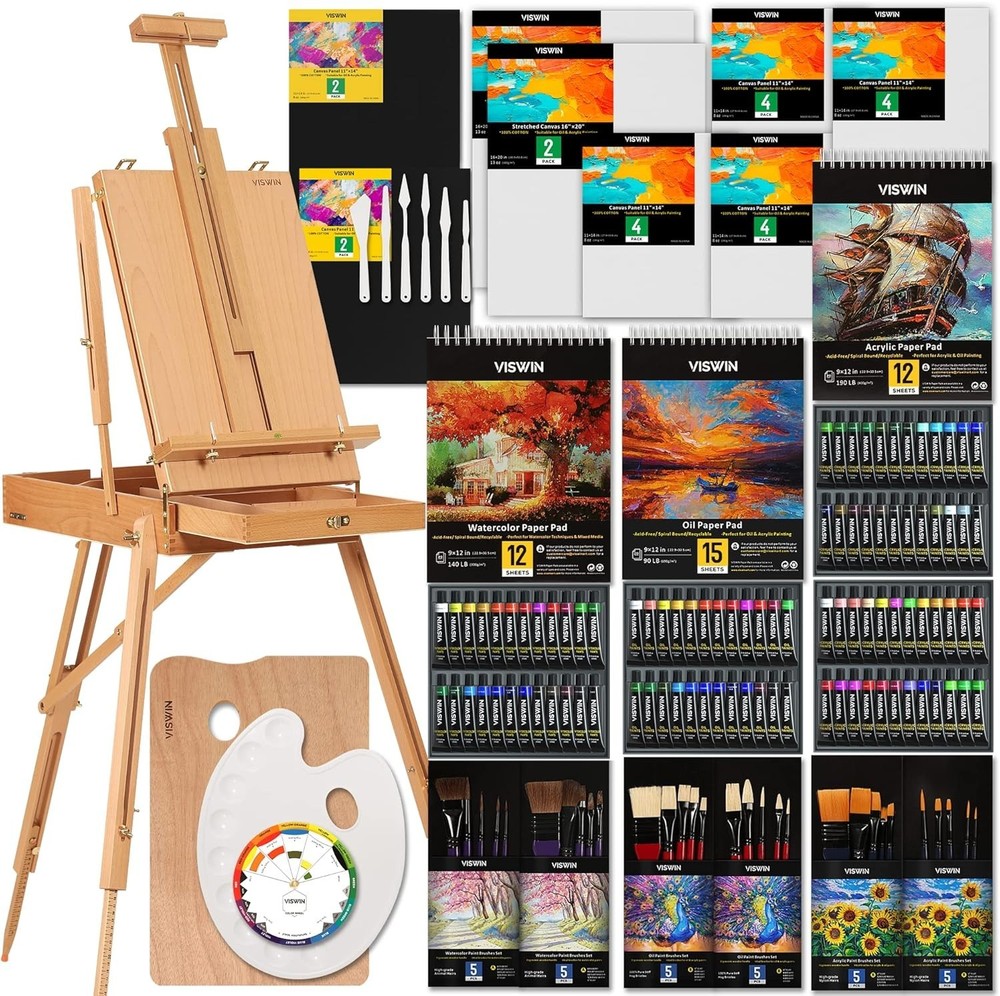 Professional Art Painting Kit Beech Wood French Easel 96 Acrylic Oil Watercolor