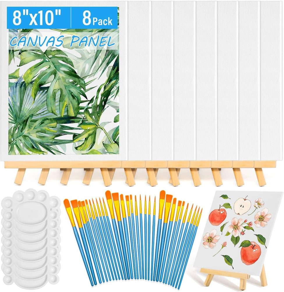 54 Pack 8″ x 10″ Canvas Easel Set Paint Brushes Acrylic Oil Art Kit