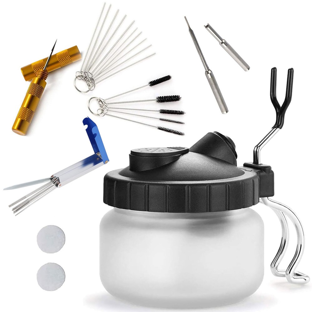Airbrush Spray Wash Cleaning Tools Needle Nozzle Brush Glass Cleaning Pot Holder