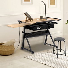 Drafting Drawing Table Tabletop Adjustable Height with Charge Outlet Natural