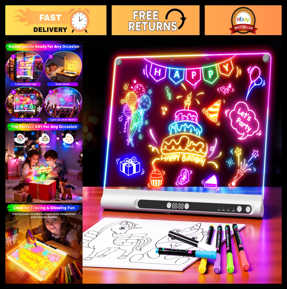 Rechargeable 16″ LED Drawing Board – 9 Color Modes, Timer, Stand, Glow Doodle Pa