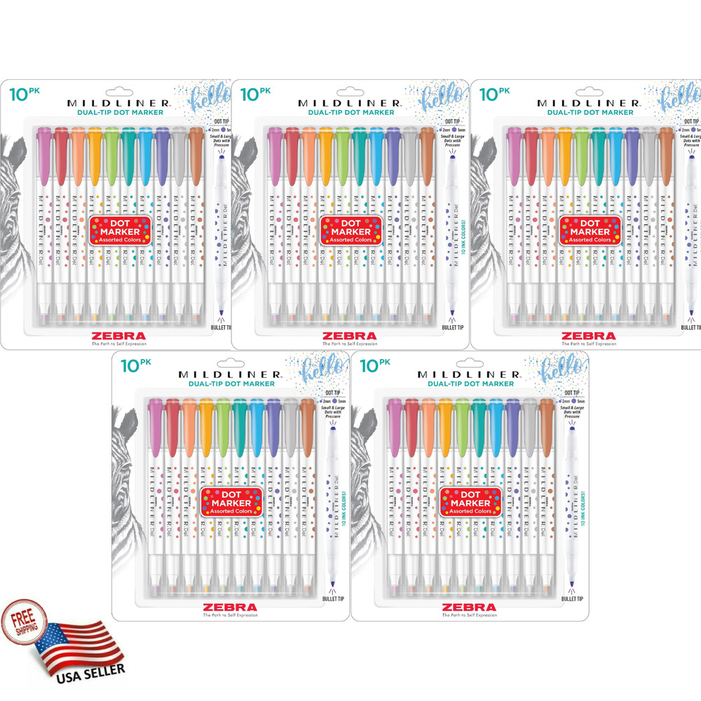 Zebra Pen Mildliner Dual-Tip Dot Stamp Marker 5-Pack 10 Assorted Colors FREE&SH.