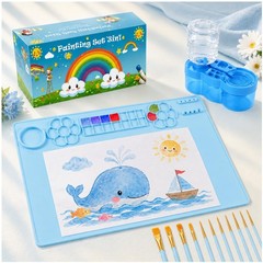 Silicone Painting Mat with Brush Cleaner & 10 Brushes Set in Blue Color