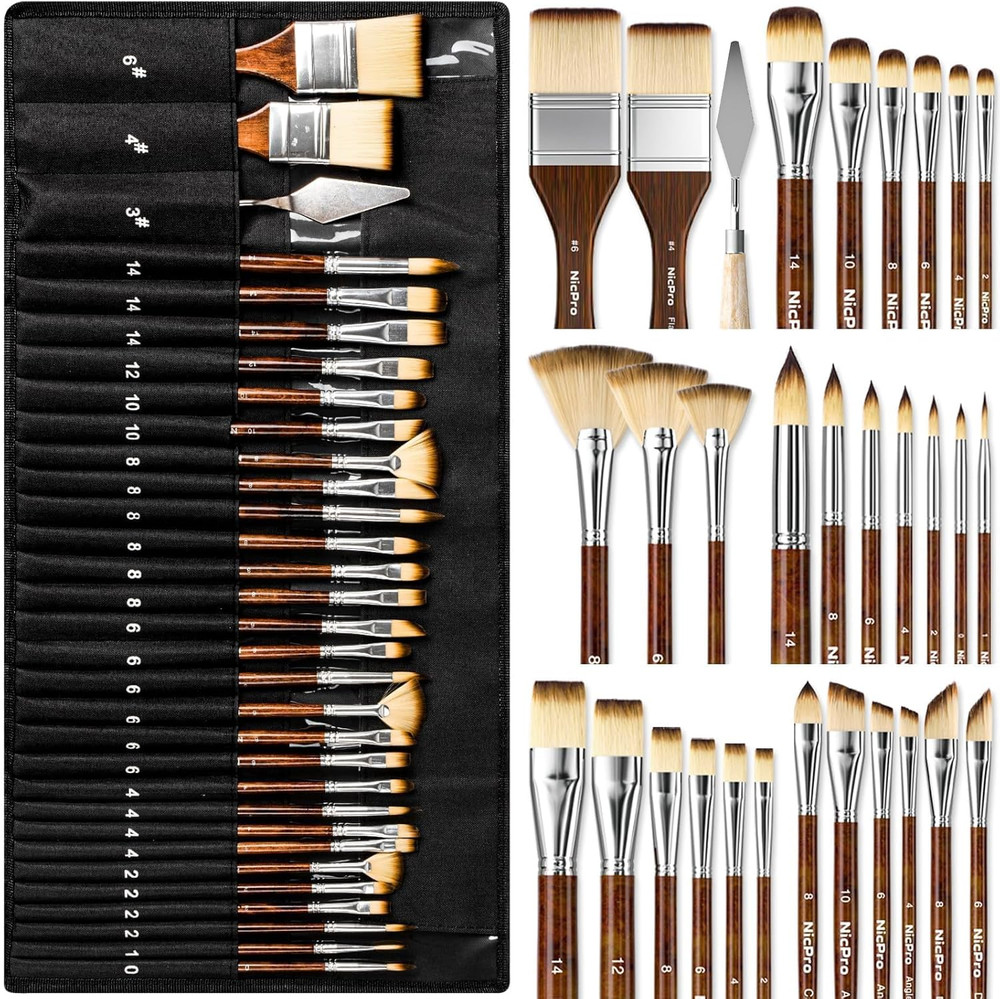 30Pcs Paint Brush Set, Professional Acrylic Paint Brushes with Paint Spatula and