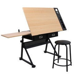 MDF Drafting Table Drawing Desk Artcraft Workstation Adjustable w/Stool 2 Drawer