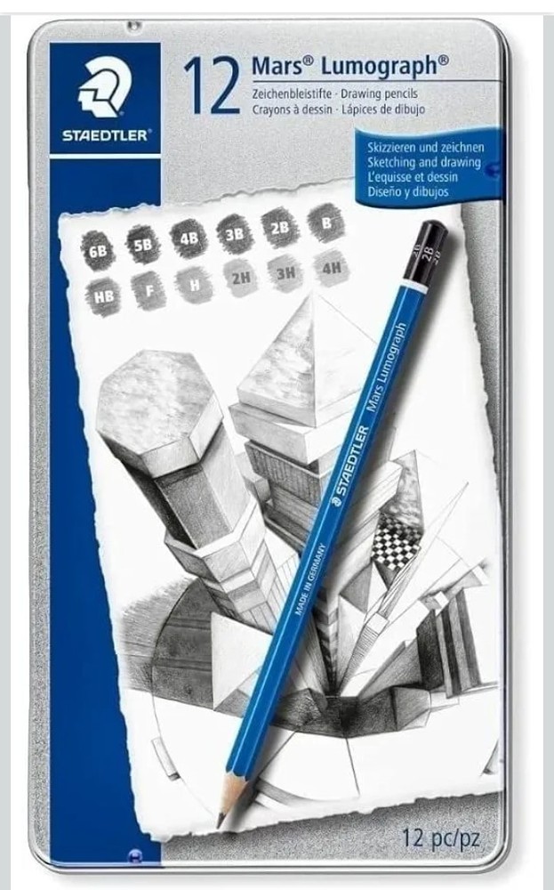 STAEDTLER MARS LUMOGRAPH 12 DRAWING PENCILS SET METAL CASE 100 G12 Sketching New
