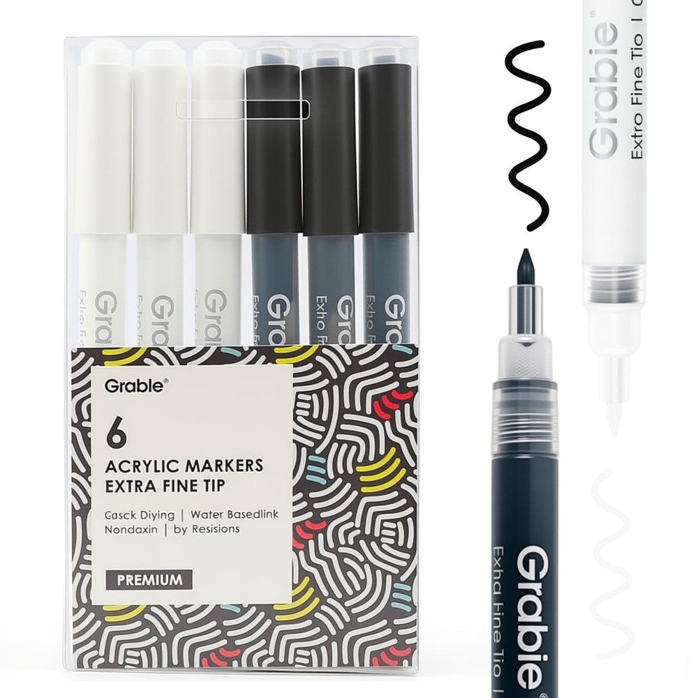 Grabie Black & White Extra Fine Tip Acrylic Paint Marker Set, 6 Pack, 0.7mm A…