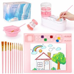 Painting Station Silicone Mat 20×16 Inch Cup 10 Brushes Foldable Bowl Pink