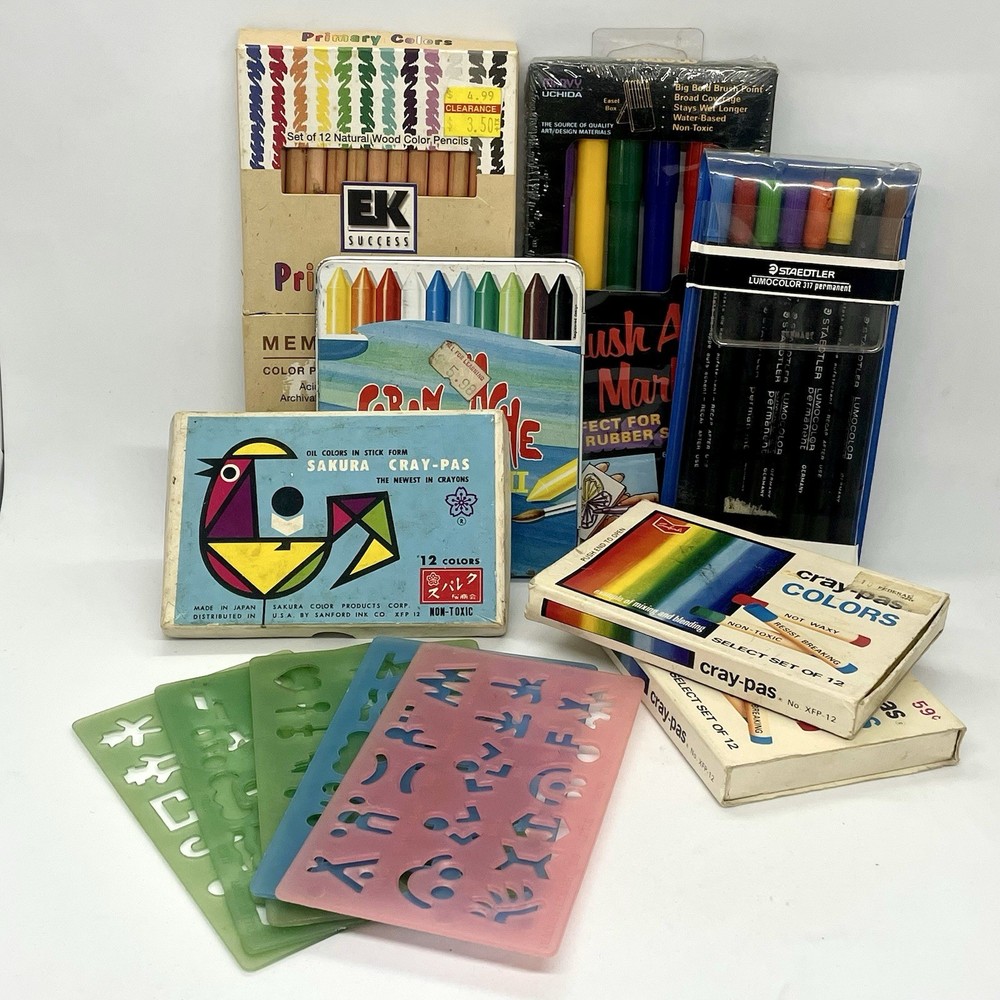 Vintage Art Supply Lot Caran d’Ache Neocolor II Tin Sakura Cray-Pas Staedtler