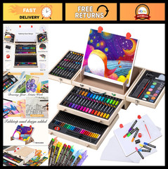 Deluxe Wooden Art Set with Easel, Oil Pastels, Colored Pencils & Watercolors – C