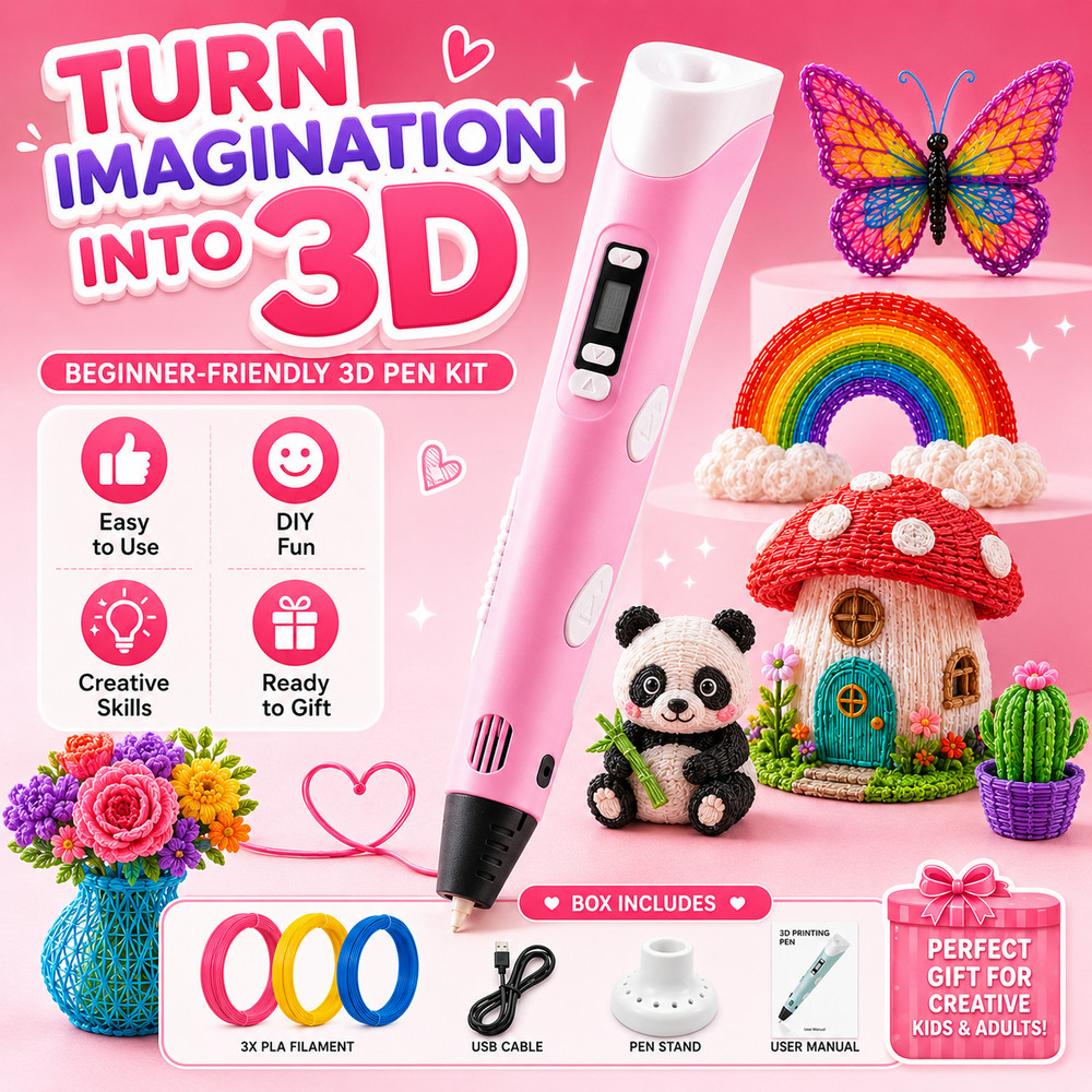 Pink 3D Printer Pen Set LED Screen PLA Filament Drawing Tool Kids Art Craft Gift