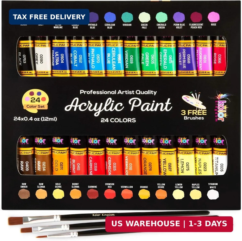 24 Acrylic Paint Set Non Toxic Art Kit with Brushes Canvas Wood Rock