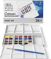 Winsor & Newton Cotman Watercolor Studio Set – 24 Half Pans, Brush Included