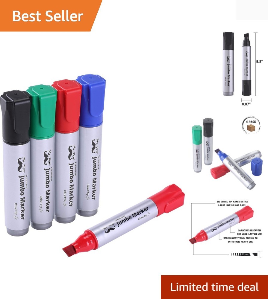 Jumbo Permanent Markers, 4 Pack, Assorted Color, Chisel Tip, Wide Tip, Large,…