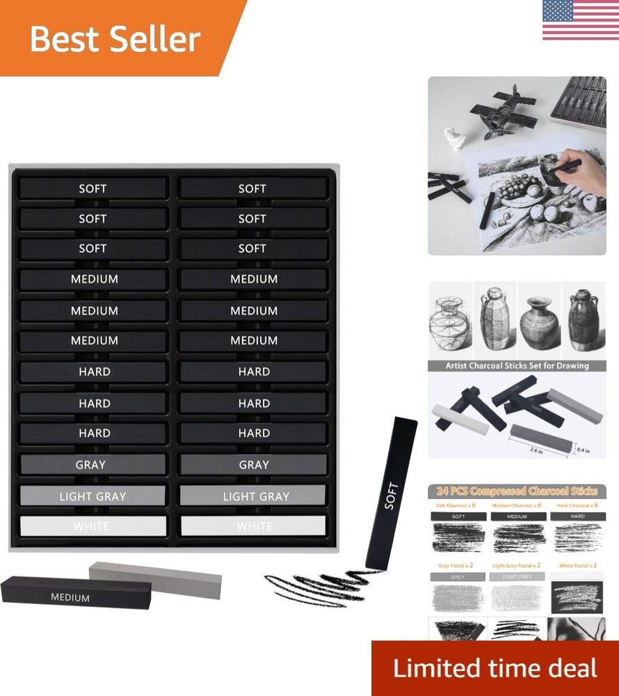 Artist-Grade Compressed Charcoal Kit with Soft, Medium, Hard Sticks & Pastels