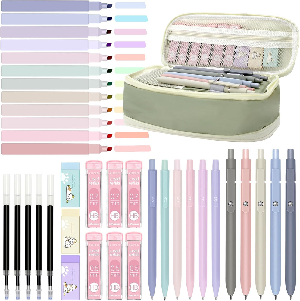 38 PCS Aesthetic School Supplies with Big Pen Case, 5 Black Ink Gel Pens, 12 Pas