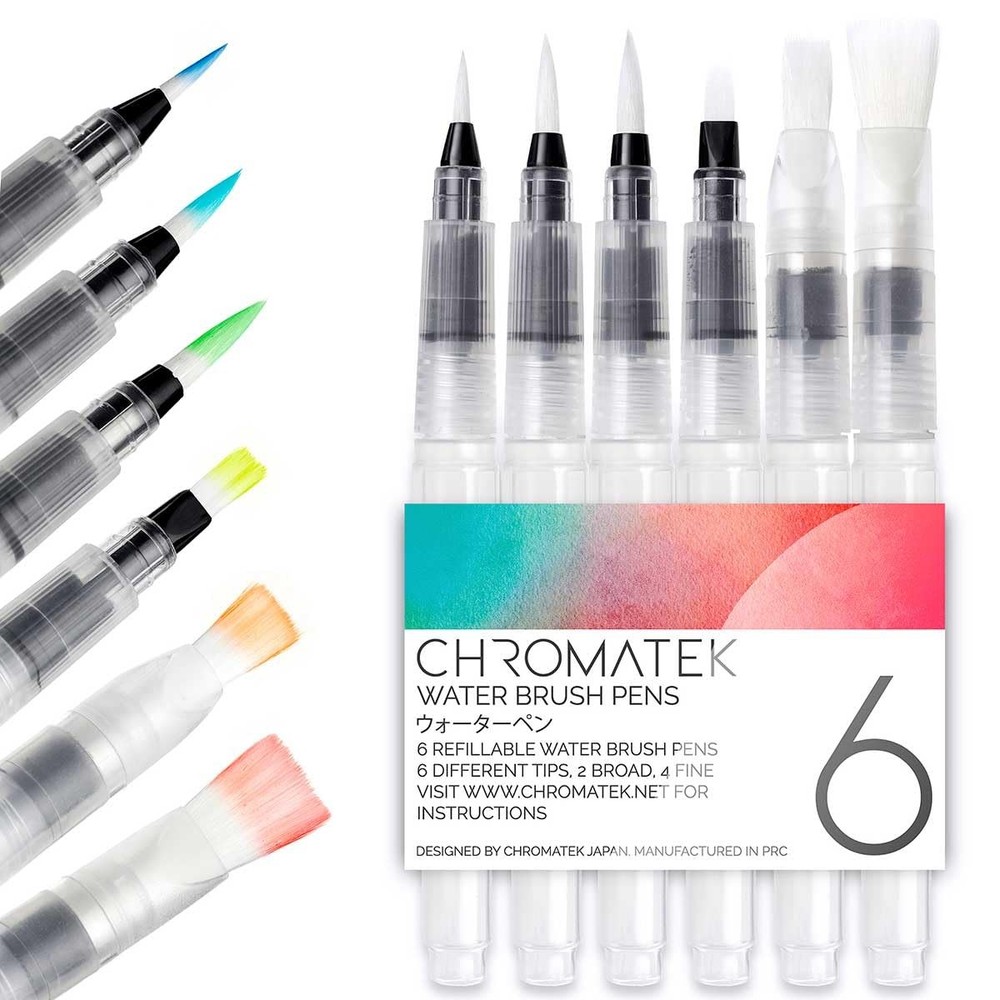 AquaPens. Set of 6 Refillable Aqua Watercolor Brushes with Nylon Tips. Easy W…