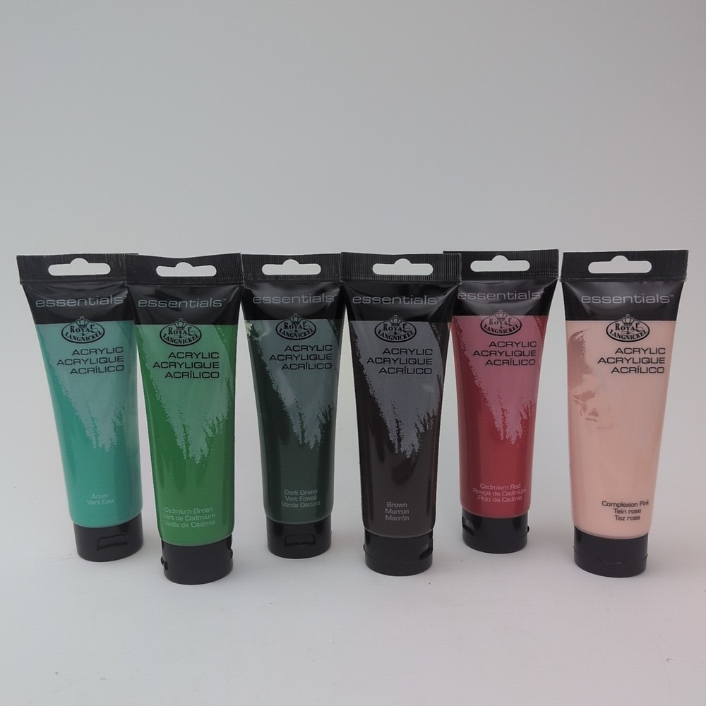 Lot Of 6 New Acrylic Paints 4oz Tubs (Aqua, Green, Dark Green, Brown, Red, Pink)