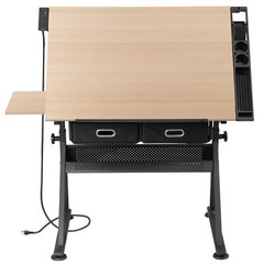 Drafting Drawing Table Tabletop Adjustable Height with Charge Outlet Natural