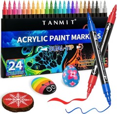 24 Colors Dual Tip Acrylic Paint Markers, Paint Pens Set with Brush Tip and F…
