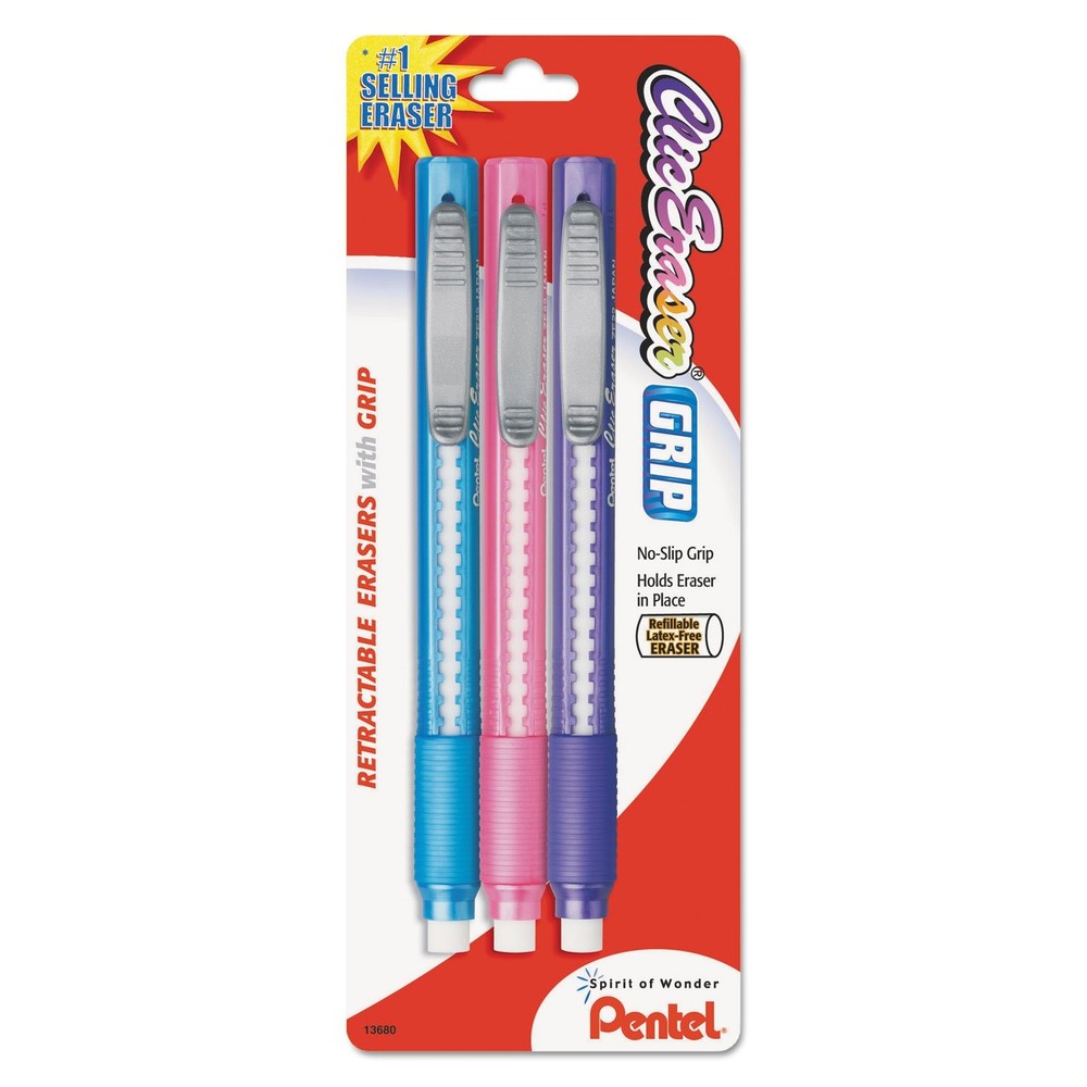 Pentel ZE21TBP3M Clic Eraser Pencil-Style Grip 3 Pack, Assorted Mix