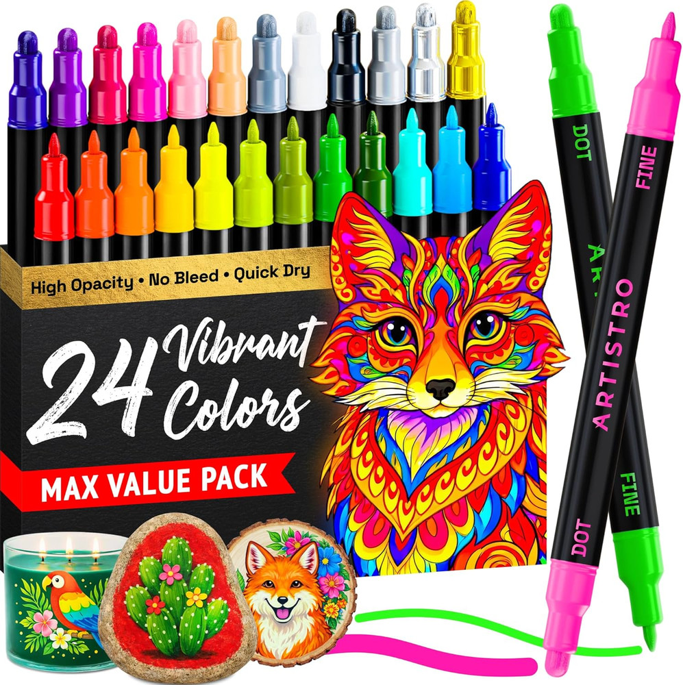 24 Precision Dual-Tip Acrylic Paint Markers – Paint Pens Set with Dot & Fine Tip