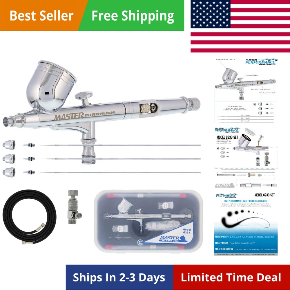 G233 Performance Pro Airbrush Kit with 3 Nozzle Sets 0.2, 0.3 & 0.5mm Needles…