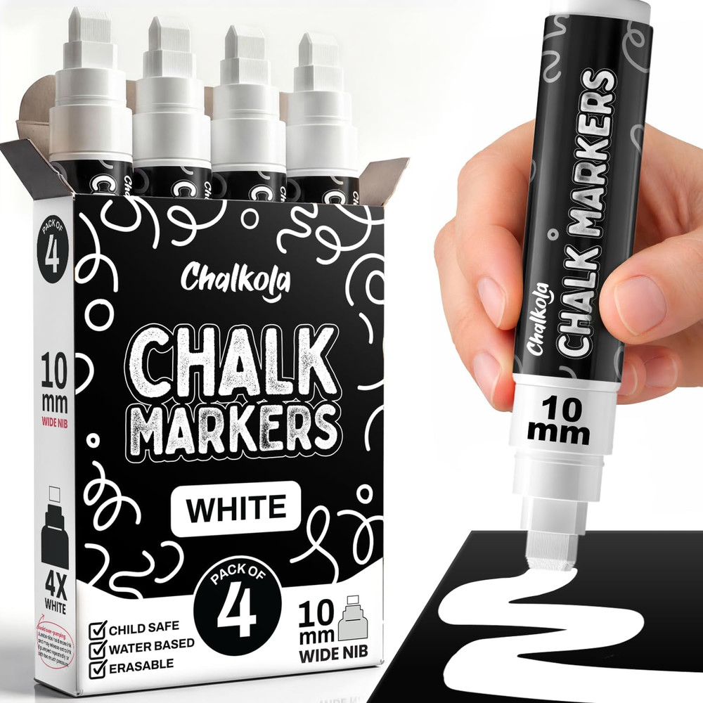 Chalkola White Window Chalk Markers for Cars Glass Washable – (10mm, 4 Pack) | J