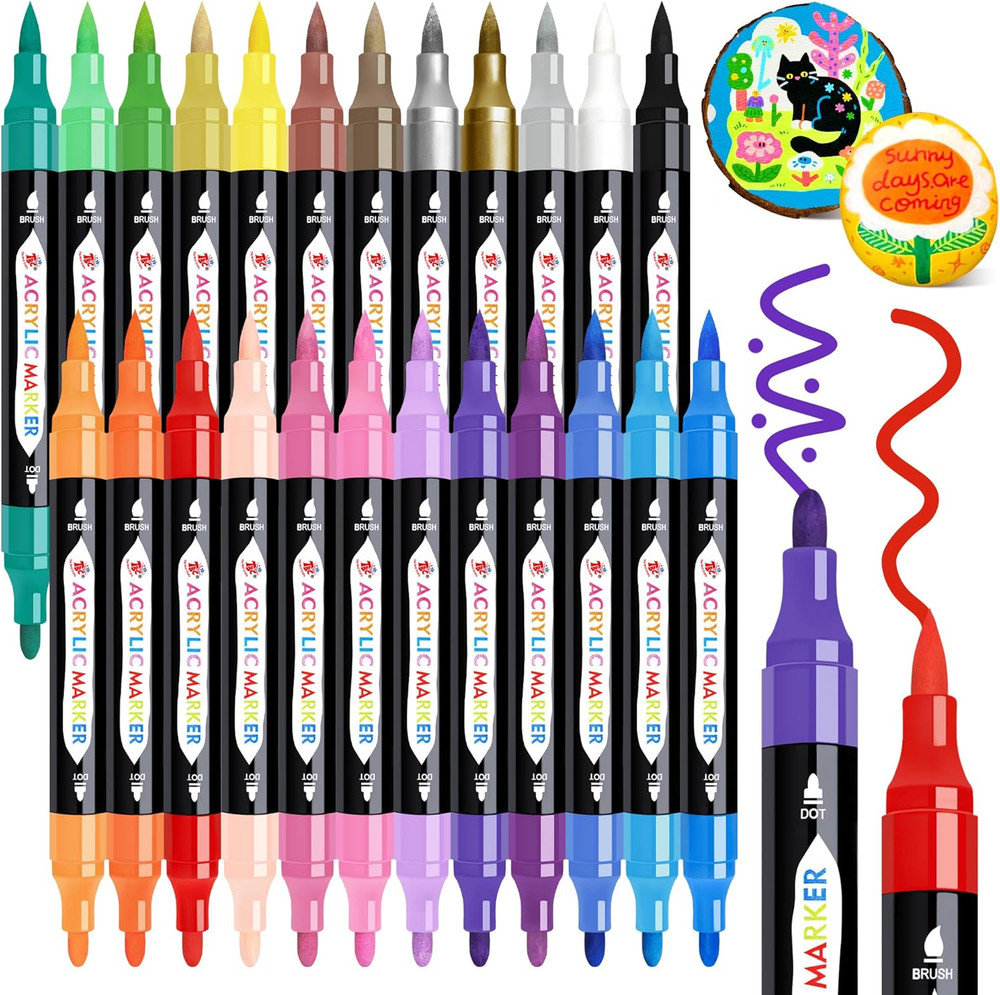 24 Colors Dual Tip Acrylic Paint Markers, Waterproof, Non-Toxic, Odorless, Suita
