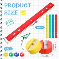 100 PCS Plastic Rulers 12 Inch and 100 PCS Mini Round Pencil Sharpener Set
