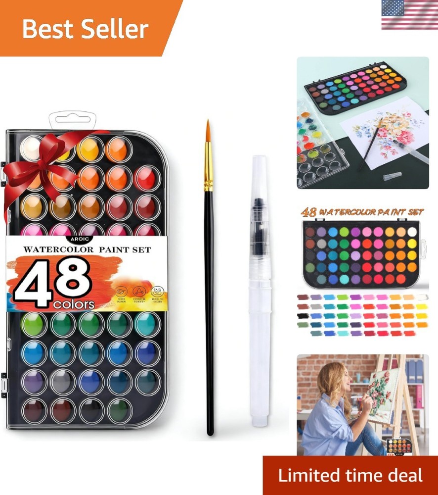 Non-Toxic 48 Color Watercolor Paint Set with Professional Brushes for All Ages